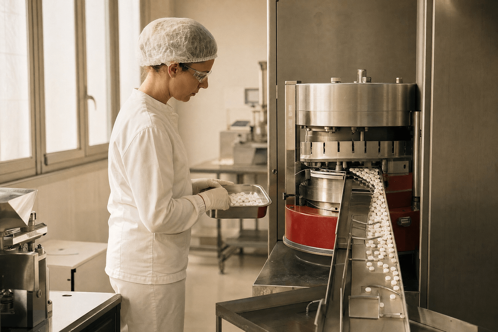 Produkcja DiaFlex Forte we Włoszech: tabletkarka i operator sprawdzający tabletki na tacy kontrolnej
